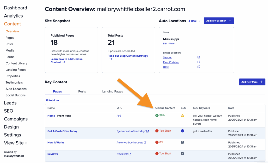 Screenshot of Carrot's content overview pointing out the unique content tool.