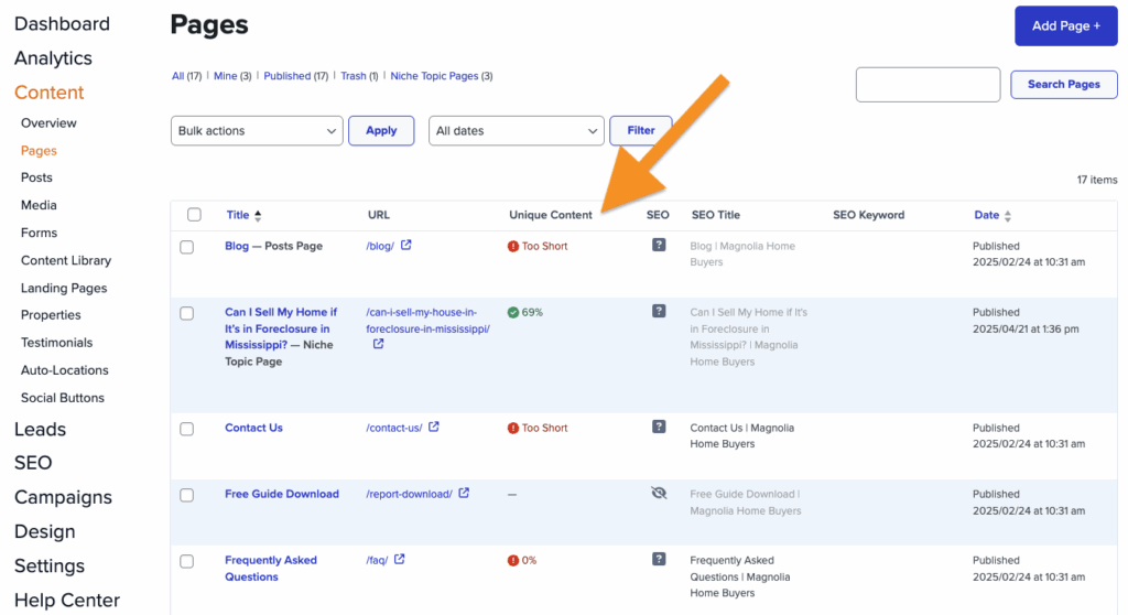 Screenshot showing the unique content tool in the list of pages for a Carrot site dashboard.