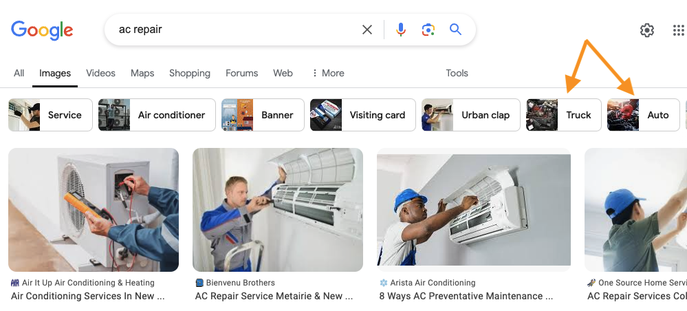 Screenshot of Google search results for the keyword phrase "AC repair"