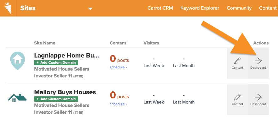 Screenshots showing the account dashboard for a Carrot member and where to navigate to a site dashboard.