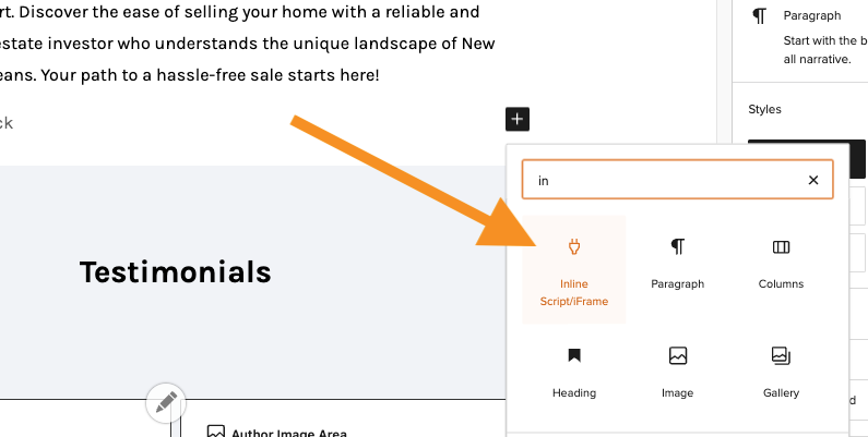 Screenshot showing how to add an Inline Script/iFrame block to a Carrot website.