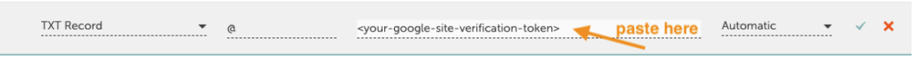 screenshot showing example of a TXT record to verify Google Search Console