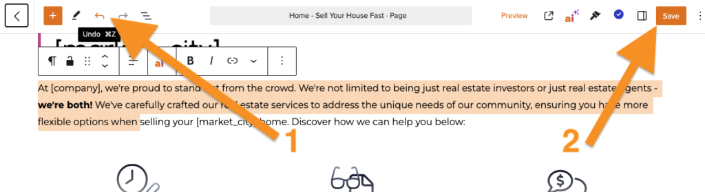 Screenshot showing how to save the page or undo an AI rewrite.