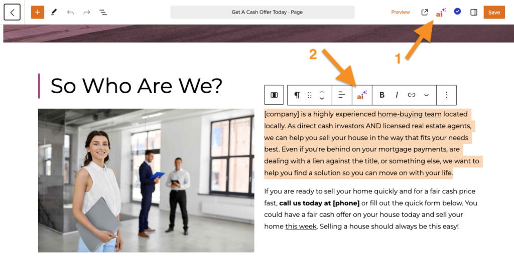 Screenshot of Carrot's visual editor showing how to access the AI rewrite tool.