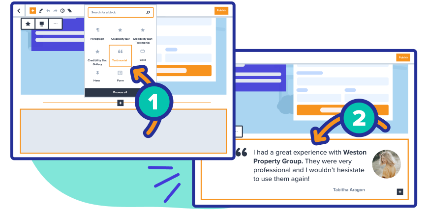 Graphic of adding a testimonial to a Carrot site