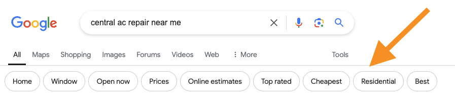 Screenshot showing Google search results for the key phrase "central AC repair near me"