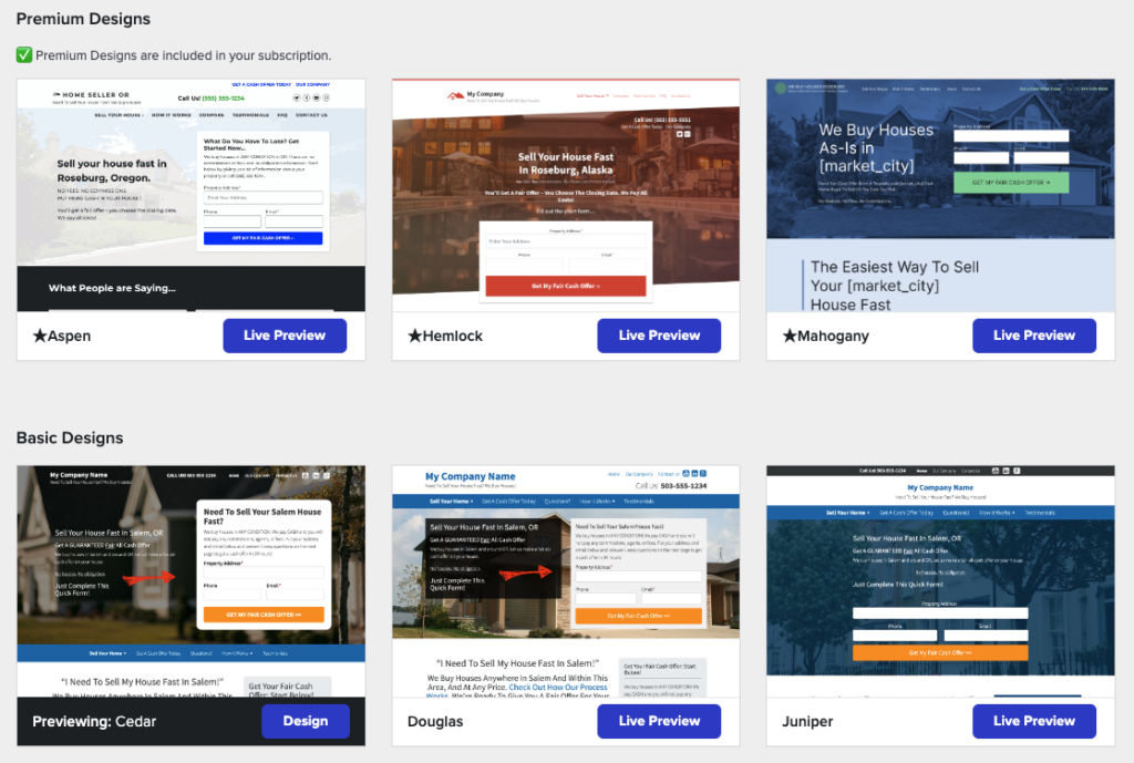 Screenshot of Carrot's different site design options