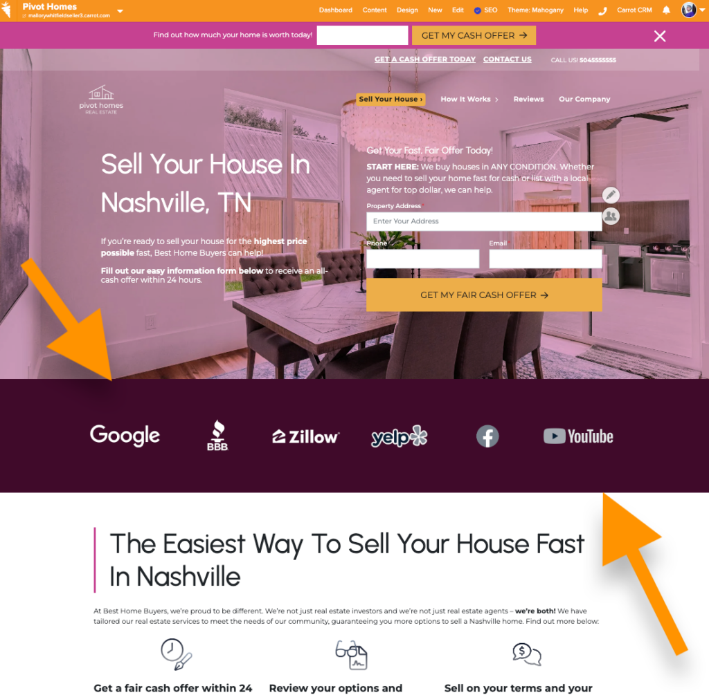 Example of a Credibility: Badges and Icons patterns inserted below the Hero Block on the homepage of a Carrot site