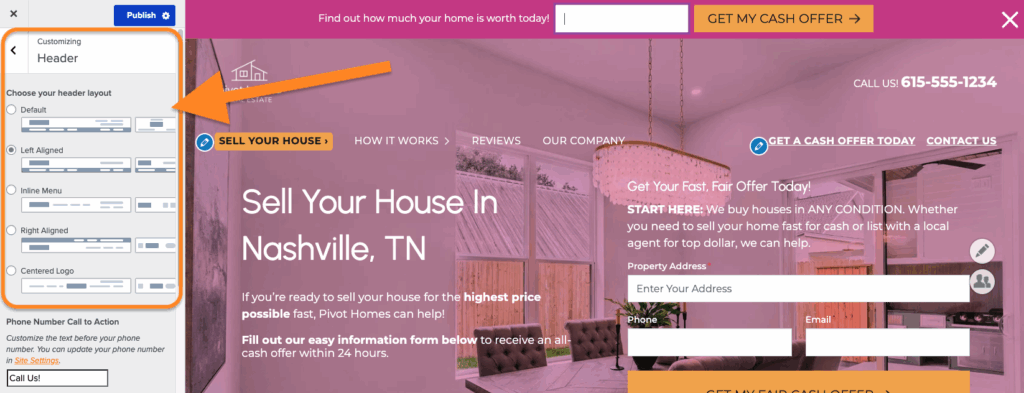 Screenshot showing the header layout settings in the design tab for a Carrot site.