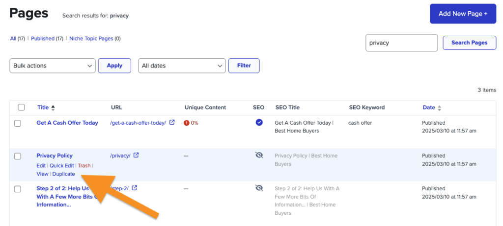 Screenshot showing how to duplicate a privacy policy page on a Carrot website. 