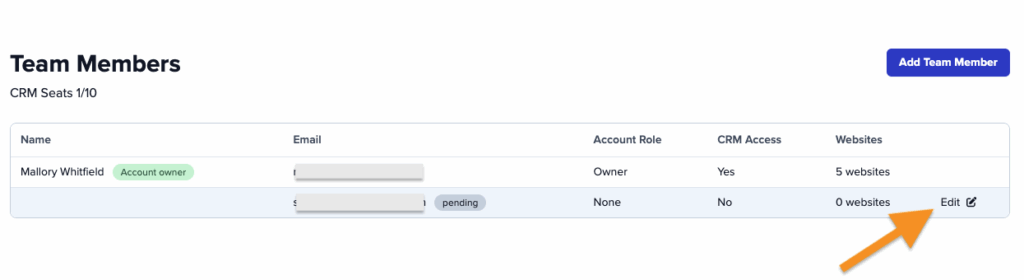 Screenshot showing where to edit website access for a team member.
