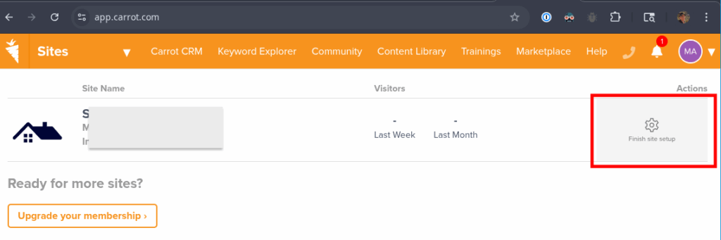 Screenshot showing how to finish site setup.