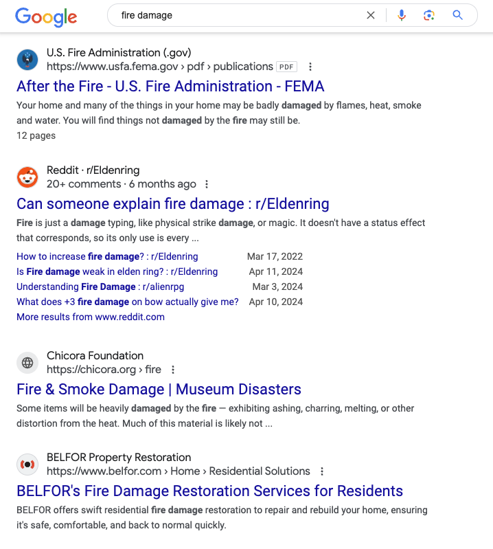 Screenshot of Google search results for the keyword phrase "fire damage"