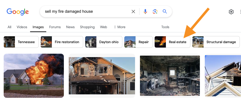 Google search results for the keyword phrase "sell my fire damaged house"