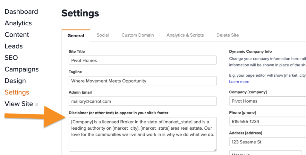 Screenshots showing where to edit the footer disclaimer on a Carrot website.