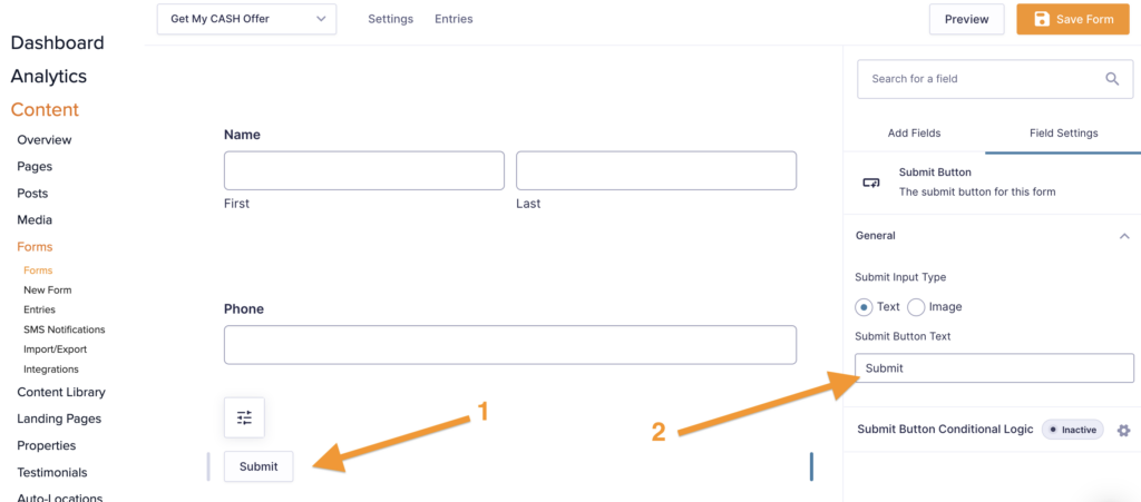 Screenshot showing where to change the button text on a Carrot form.