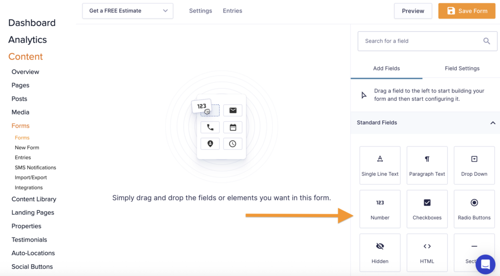 This screenshot shows how to add fields to a form in a Carrot website