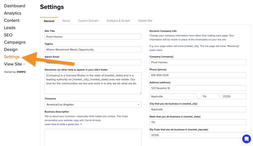 Screenshot showing where to find the settings area for a Carrot website.