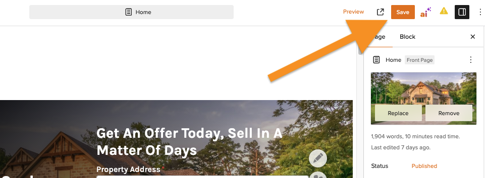 screenshot showing where to save your changes when editing a Carrot web page