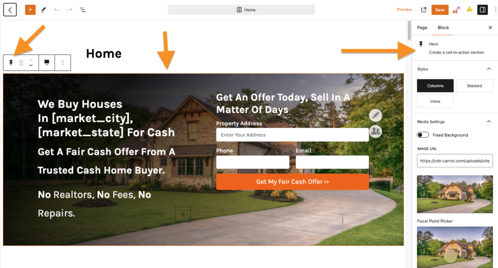 Screenshot showing the Hero block selected in the visual editor of a Carrot website
