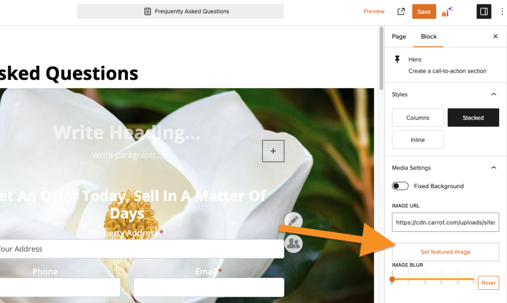 screenshot showing where to set the featured image for a Hero block on a Carrot website