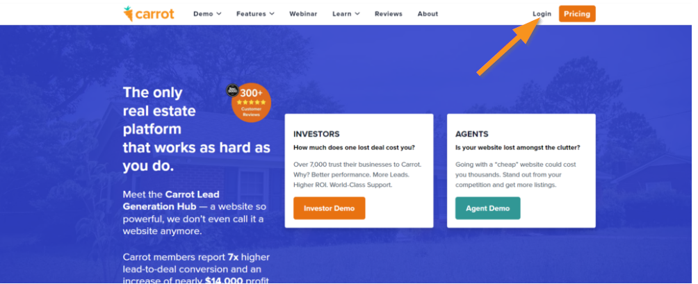 Screenshot of Carrot.com showing where to login
