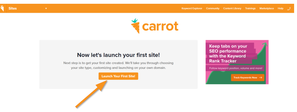 Screenshot of Carrot dashboard showing how to add a new site
