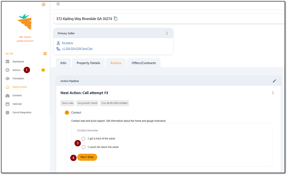 Screenshot showing steps in Carrot CRM where you can select the next action. 