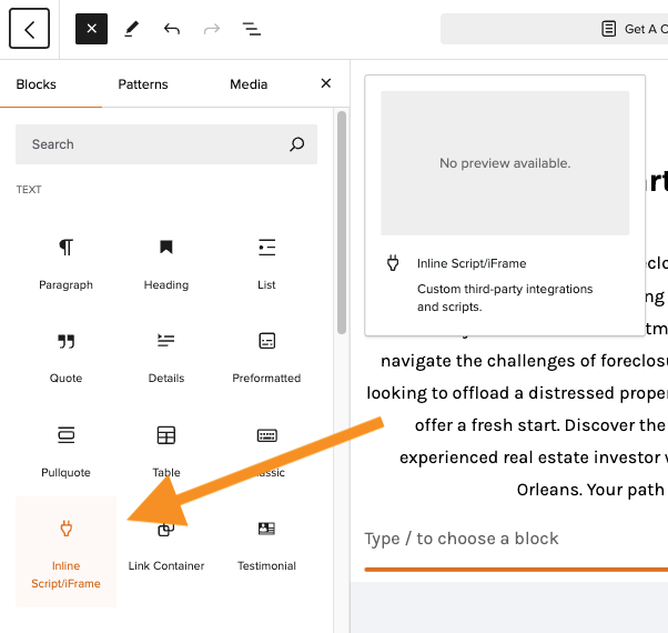Screenshot of Carrot Visual Editor pointing to the Inline Script/iFrame block.