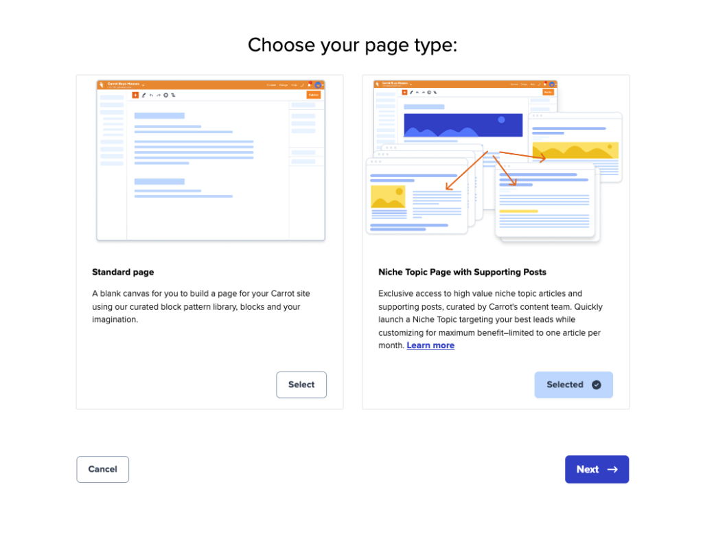 screenshot showing where you can choose to add a niche topic page with supporting posts for the Niche Authority Builder.