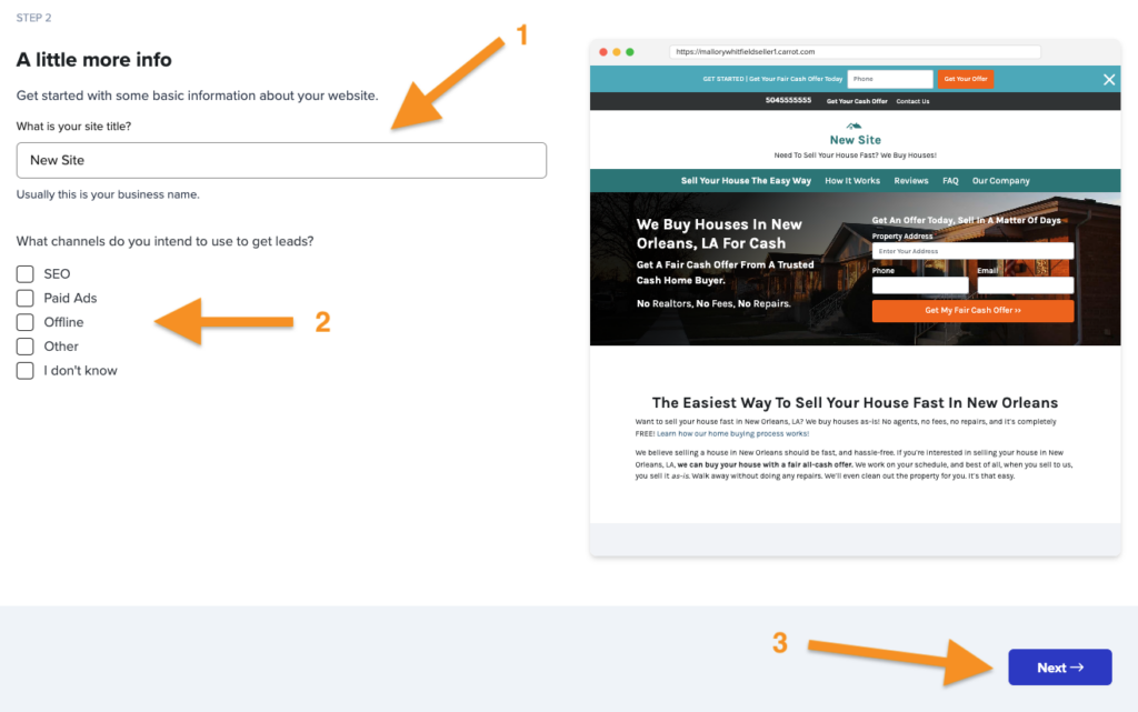 A screenshot of Carrot site generation showing where to add your site title