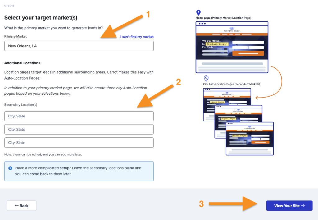 Green shot of carrot site generation showing how to select the target market areas you want to generate leads in.