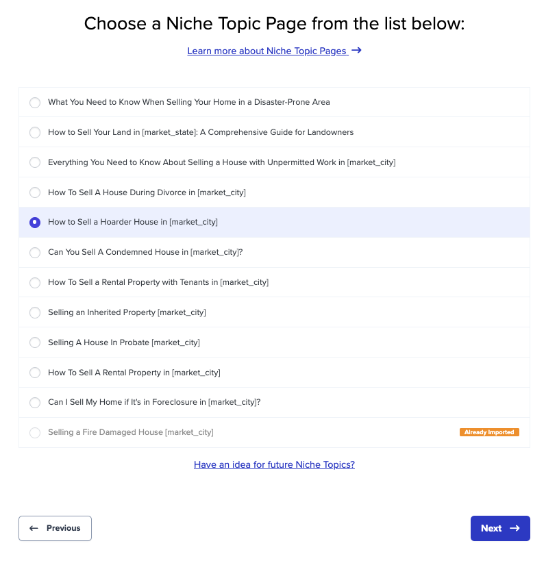 screenshot showing where you can select the niche topic in the niche authority builder tool