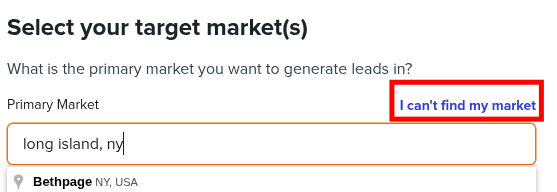 Screenshot showing the "I can't find my market" option during Carrot website creation.