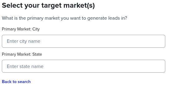 Screenshot showing how to manually add a primary market city and state during Carrot site creation.