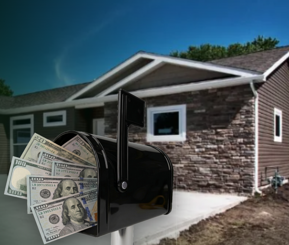 Mailbox with cash representing owner financing monthly payments