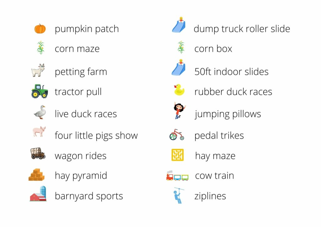 List of activities offered at fall festival Swan Trail Farms