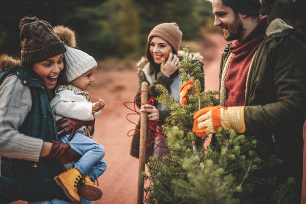 Family with baby picking out a Christmas tree