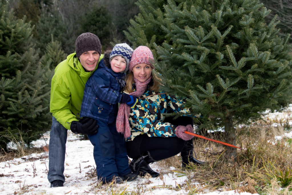 family of three posing as they are cutting down a Christmas tree