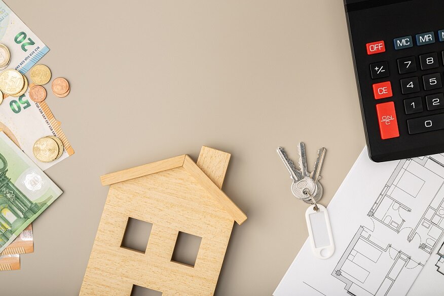Buy or sell a house concept. Real estate market. Rental housing for rent. Home prices. Copy space. Top view