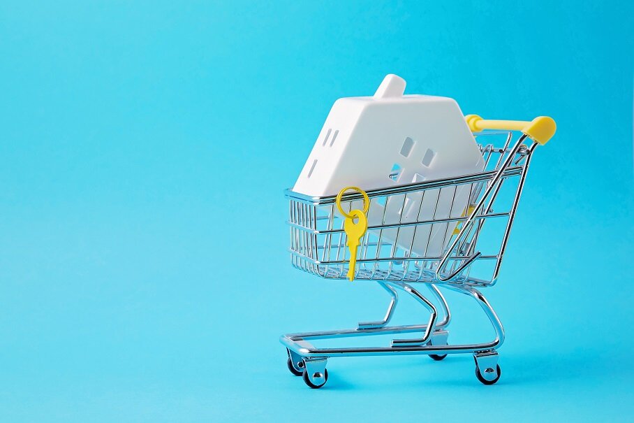 Shopping trolley with miniature hose inside. House buying, bank loan, real estate agency concept