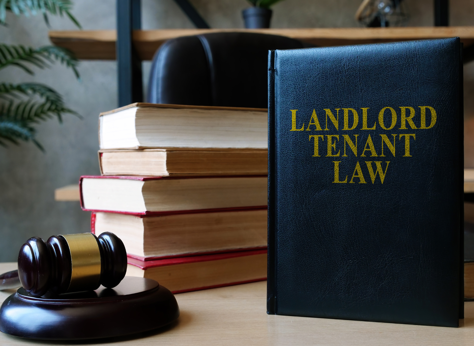 law books, a gavel and a dark grey book titled Landlord Tenant Law on an office desk