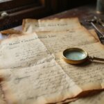 old parchment paper land titles with faded edges and old timey writing on an antique desk with a magnifying glass on top of the documents