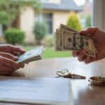 two people holding cash over a table with a contract and keys on it