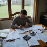 a person stressing over a pile of paperwork with a calculator and a beautiful day outdoors through the window behind them