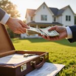 one person handing a stack of cash to another with a briefcase in the foreground and a house in the background