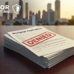 Rejected mortgage applications on desk with Atlanta skyline background.