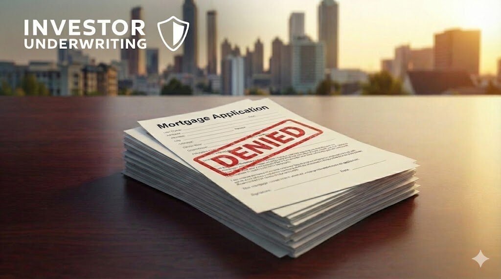 Rejected mortgage applications on desk with Atlanta skyline background.