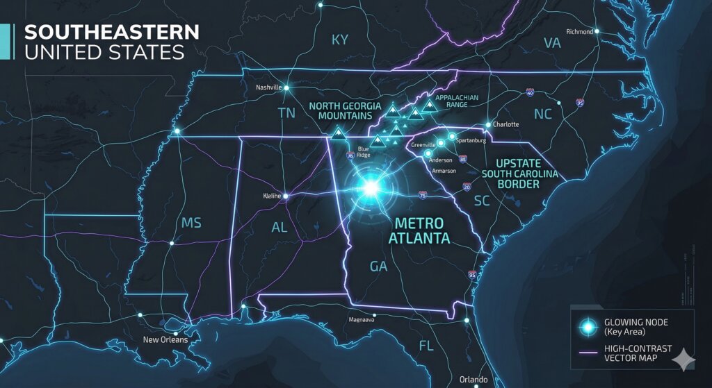 Map of the Southeastern United States highlighting Investor Underwriting's primary hard money and DSCR lending markets.