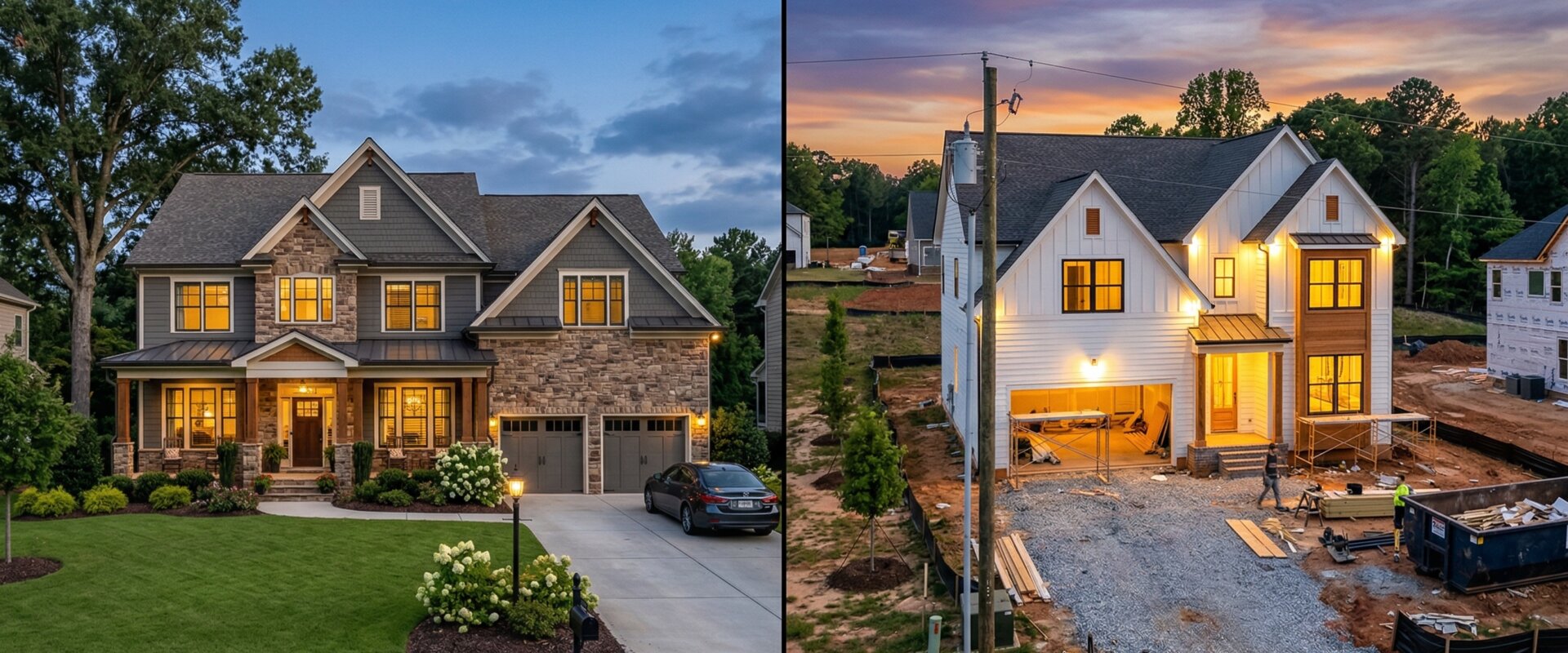 Gemini said A split-screen view contrasting a finished, landscaped luxury home at dusk (left) with a modern farmhouse under active construction at a raw lot (right).